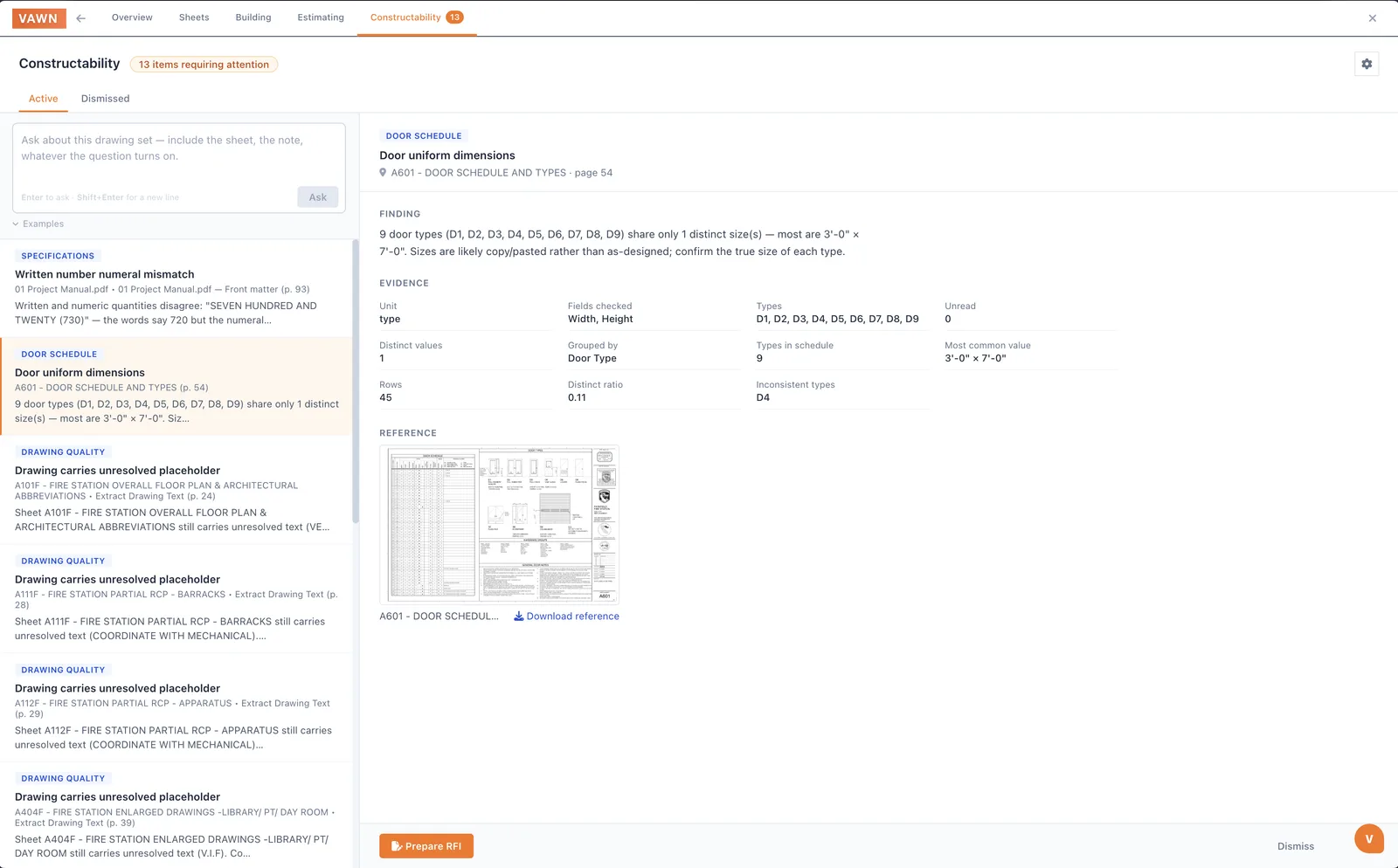 The Constructability tab listing contradictions found across the drawings and specs, as a two-pane inbox