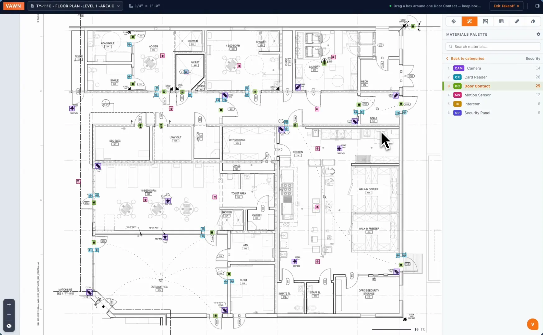 VAWN finding every matching security device on a floor plan from one boxed example