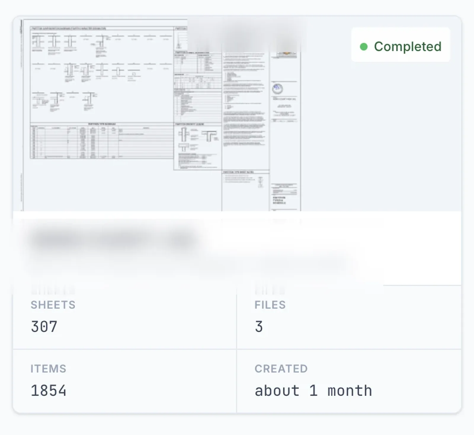 The completed extraction in the VAWN app: 307 sheets, 1,854 items, status Completed.