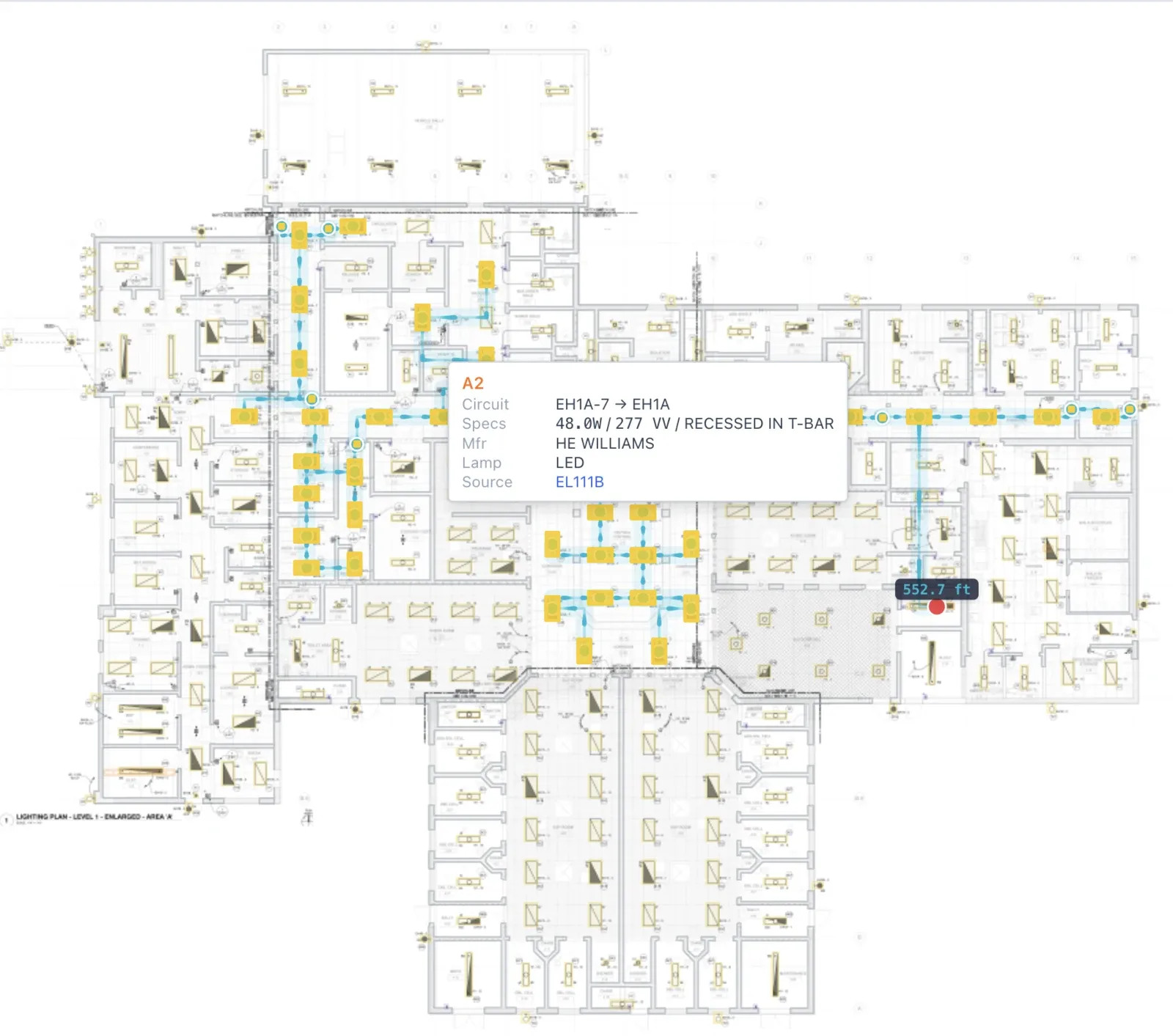 VAWN's AI-detected lighting fixtures (yellow) and branch-circuit home runs (blue) on a real jail lighting plan; clicking a fixture shows its type, circuit, wattage, and make.